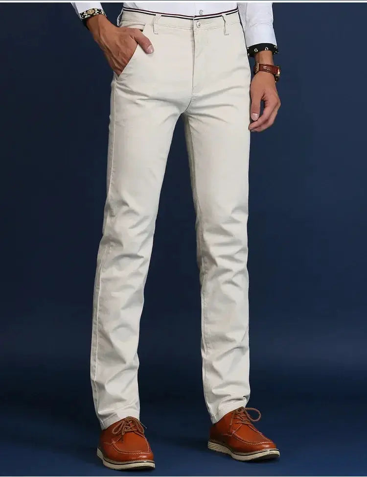Men's light beige cotton casual pants, classic office style