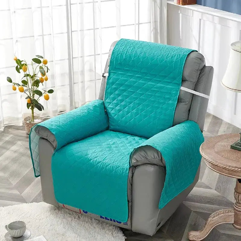 Anti-slip recliner chair cover in turquoise quilted fabric by Simples Market for living room armchair