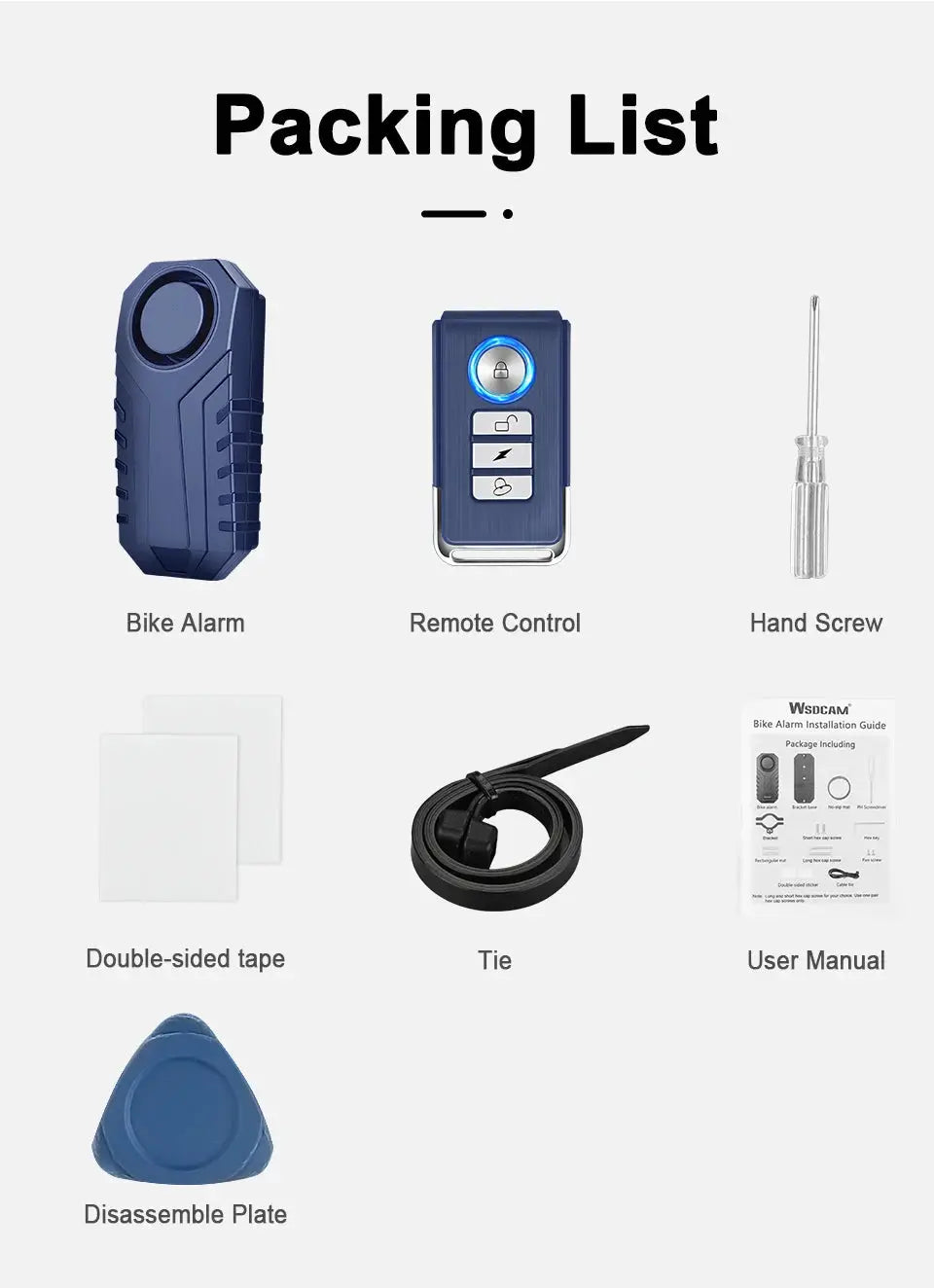Bike alarm packing list: blue anti-theft alarm, remote control, hand screw, 2x tape, tie, user manual, disassembly plate.