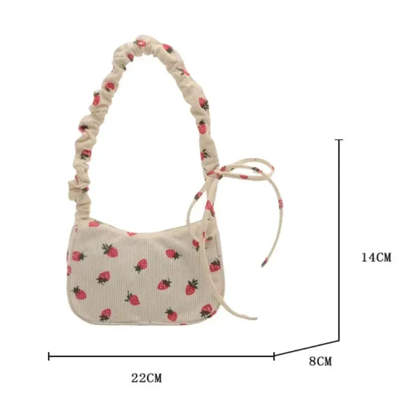 Corduroy strawberry-print handbag for women; beige mini shoulder purse with a ruched strap, about 22×14×8 cm.