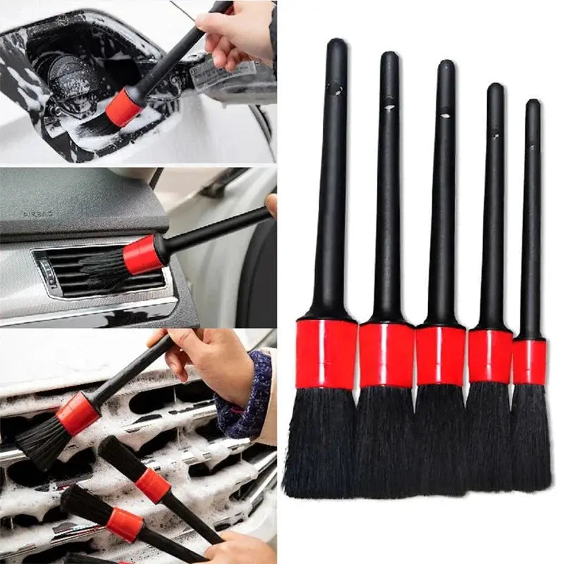5-piece car detailing brush set with black handles and red ferrules for interior cleaning (various sizes)