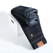 Winter warm fleece jeans, dark denim, men's straight fit trousers by Simples Market