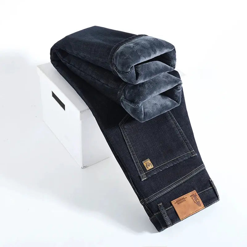 Winter warm fleece jeans, dark denim, men's straight fit trousers by Simples Market