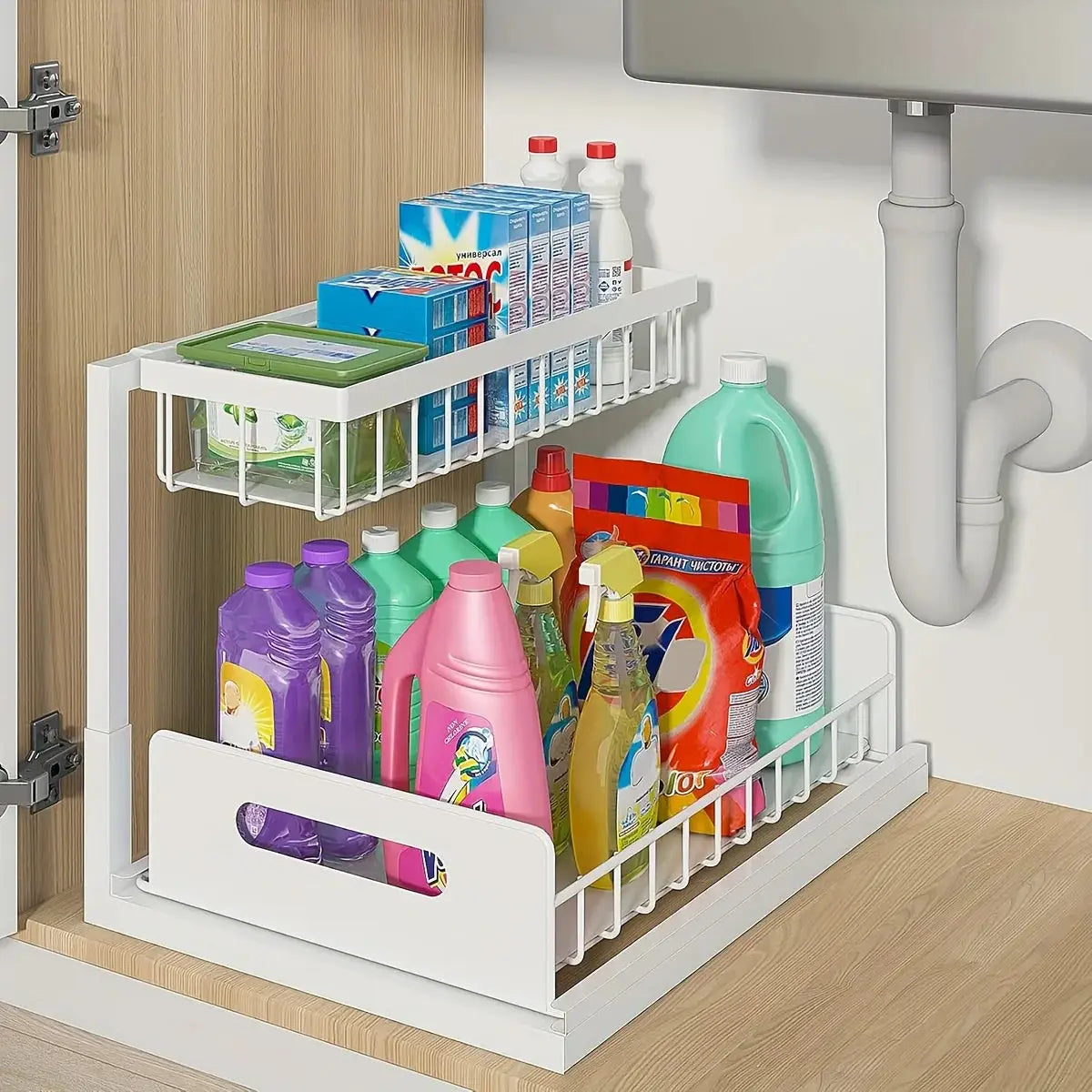 2 Tier Sliding Under Sink Organizer Metal Storage For Kitchen And Bathroom Cabinets Rustproof Cleaning Supplies