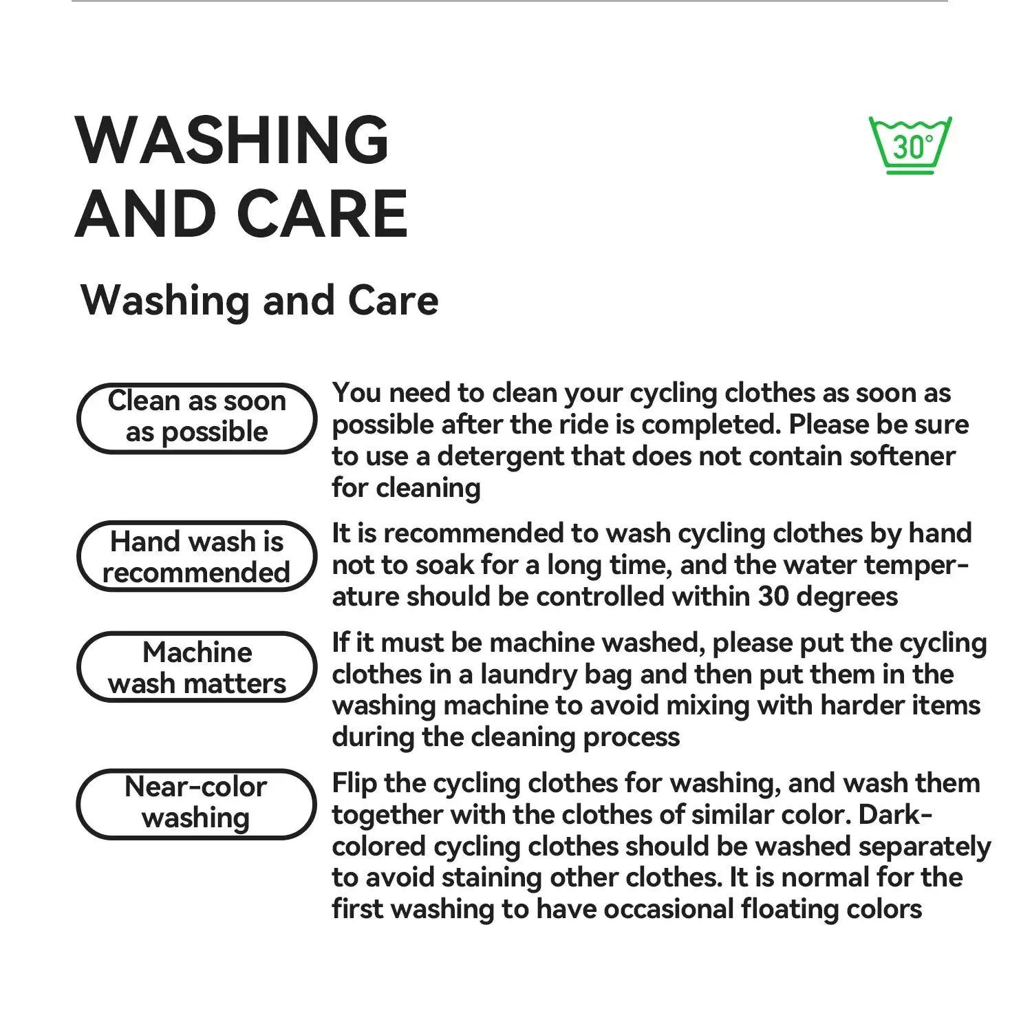 RockBros cycling jacket washing and care guide with 30°C wash icon and care tips