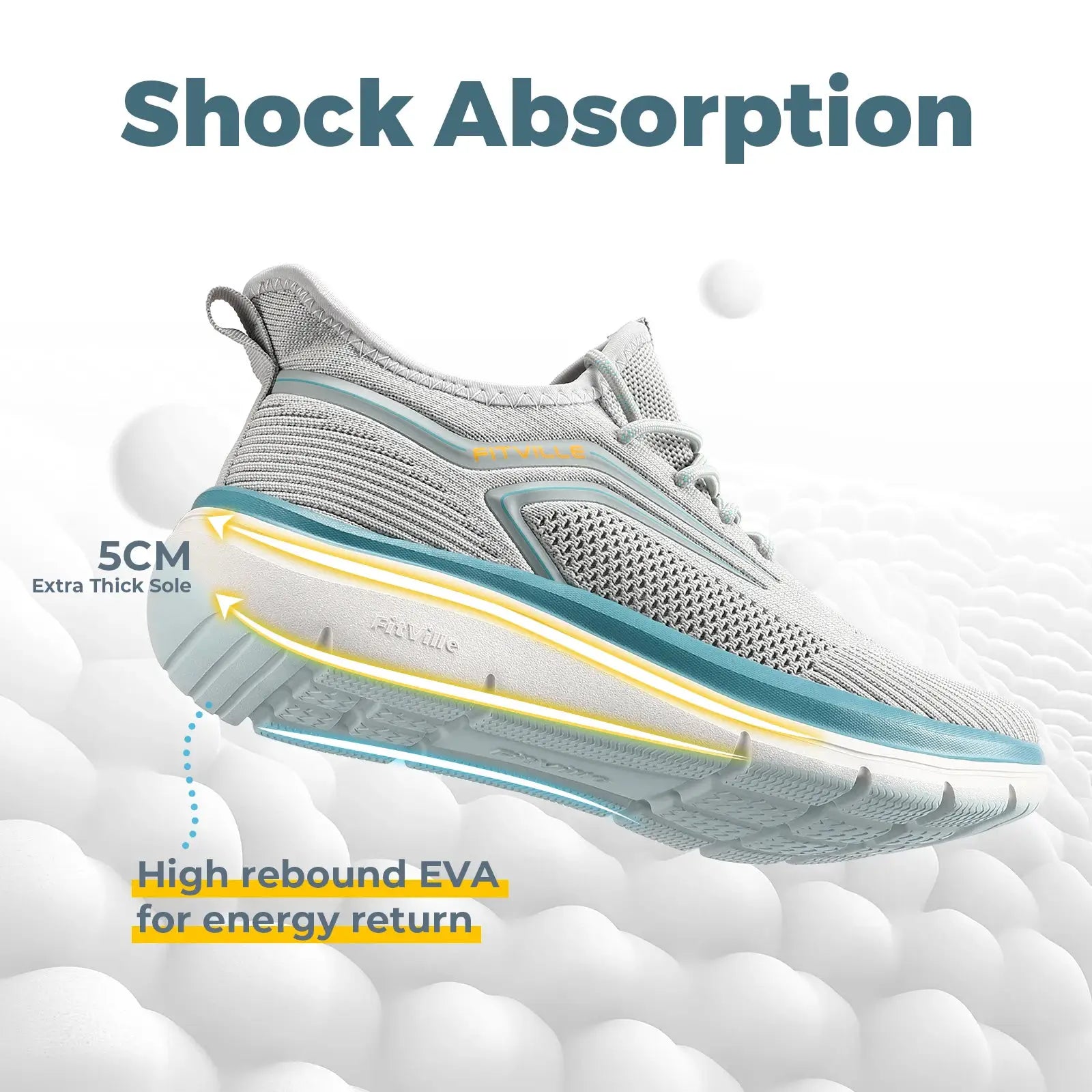 FitVille grey thick-soled men's running shoes with 5cm extra sole and high rebound EVA
