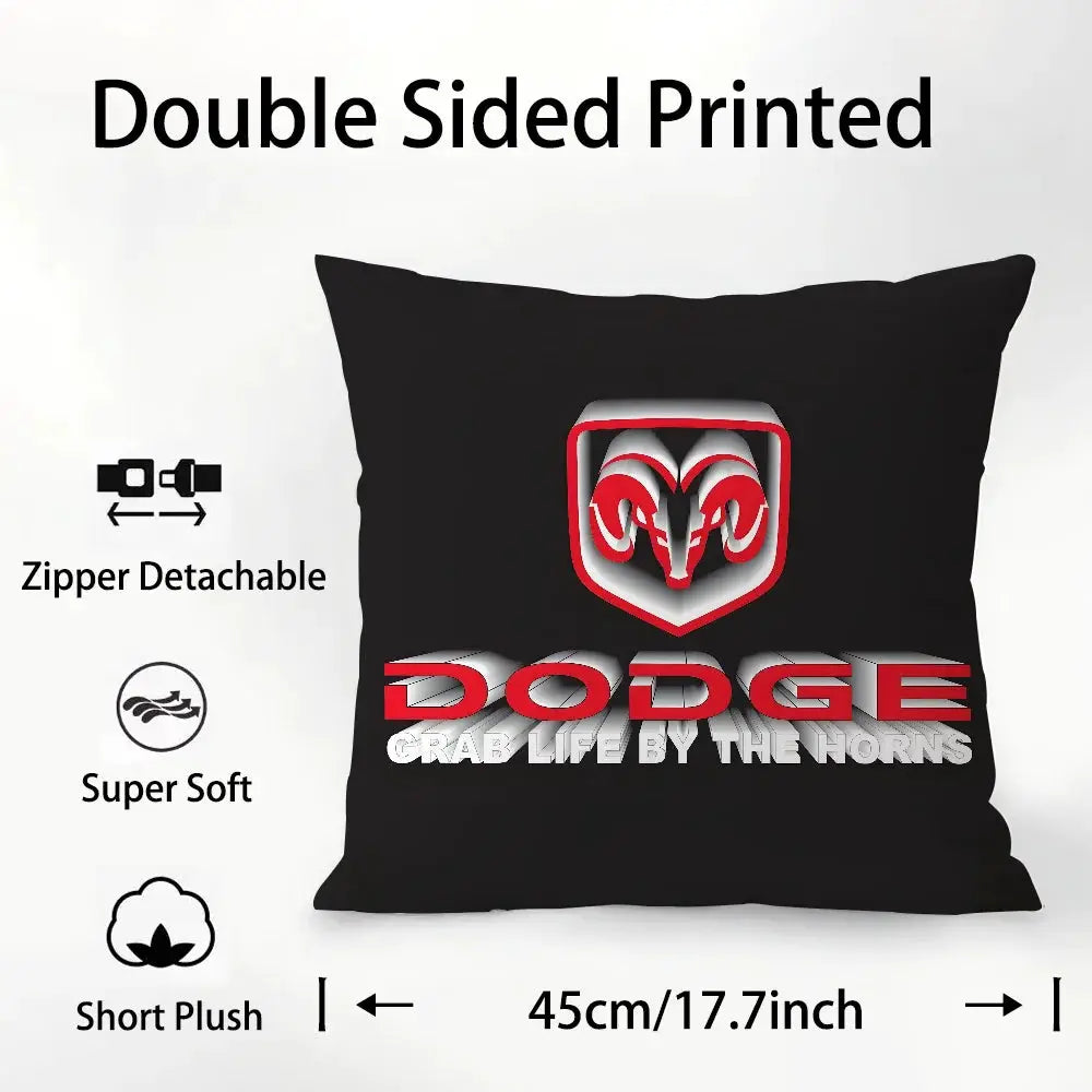 Dodge car logo pillow cover, black plush fabric, double-sided print by Simples Market