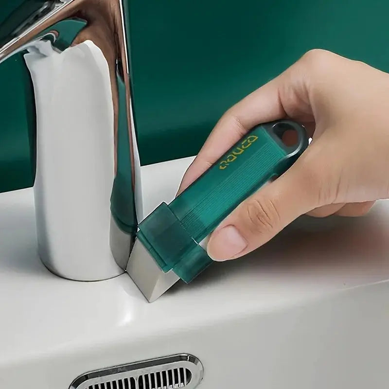Stain remover eraser, lime-green, 1pc from Simples Market, used on bathroom faucet chrome.