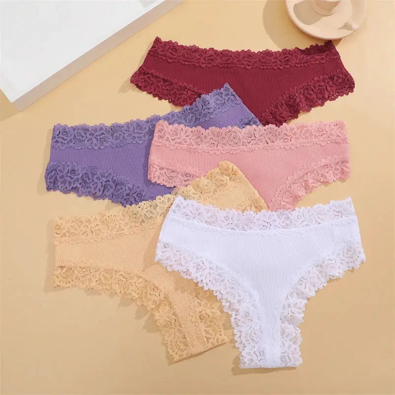 Simples Market women's cotton lace-trim panties, 5-piece set in burgundy, purple, pink, peach and white