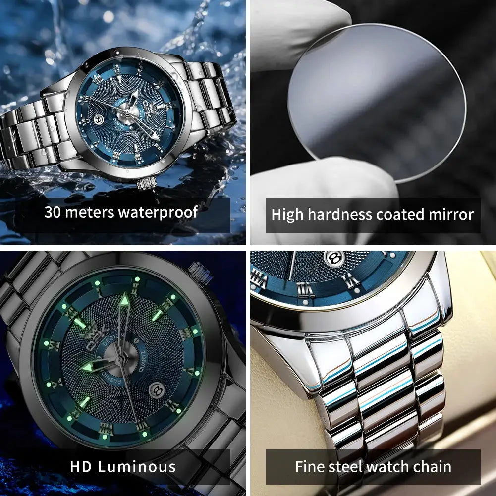 OPK 6056 men's stainless steel wristwatch with blue dial, luminous markers, and 30m waterproof