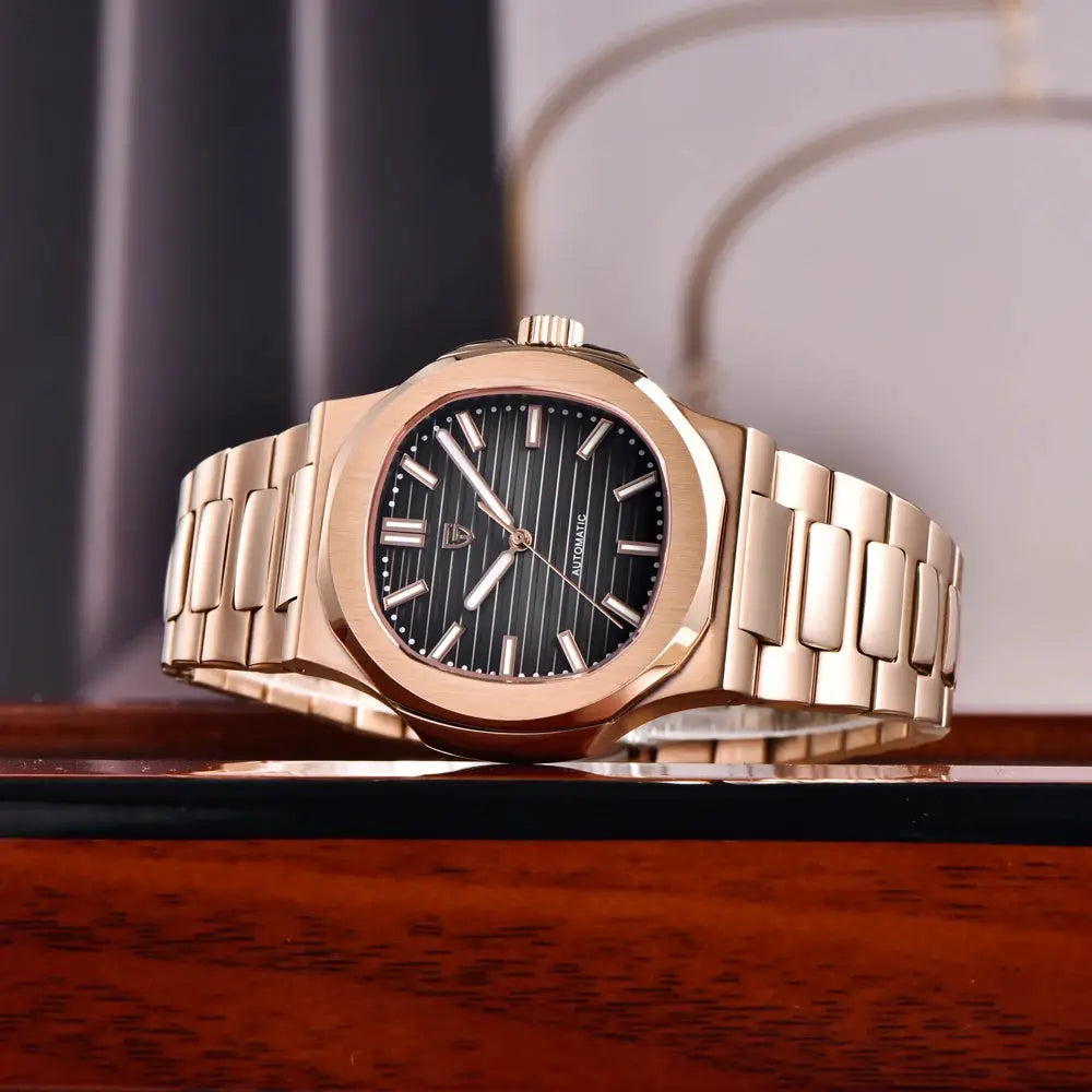 PAGANI DESIGN rose-gold automatic men’s wristwatch with black striped dial and stainless steel bracelet
