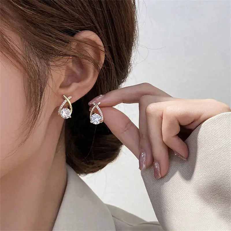 Cross stud earrings pair, gold-tone with crystal teardrop drops