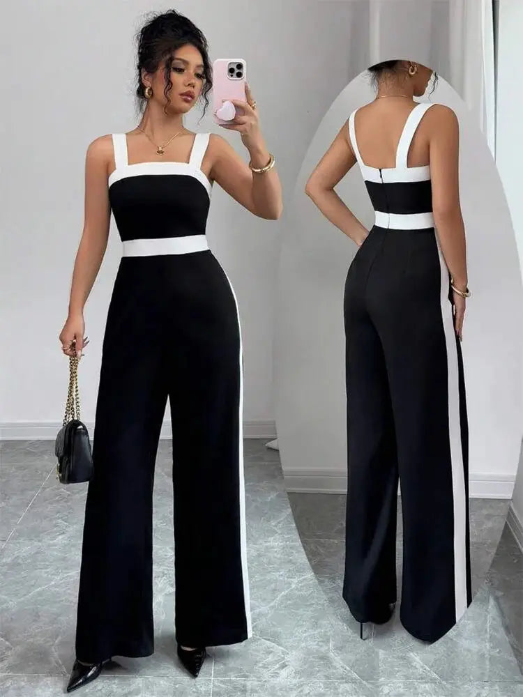 Women's black and white square-neck jumpsuit with contrast trim for evening events by Simples Market