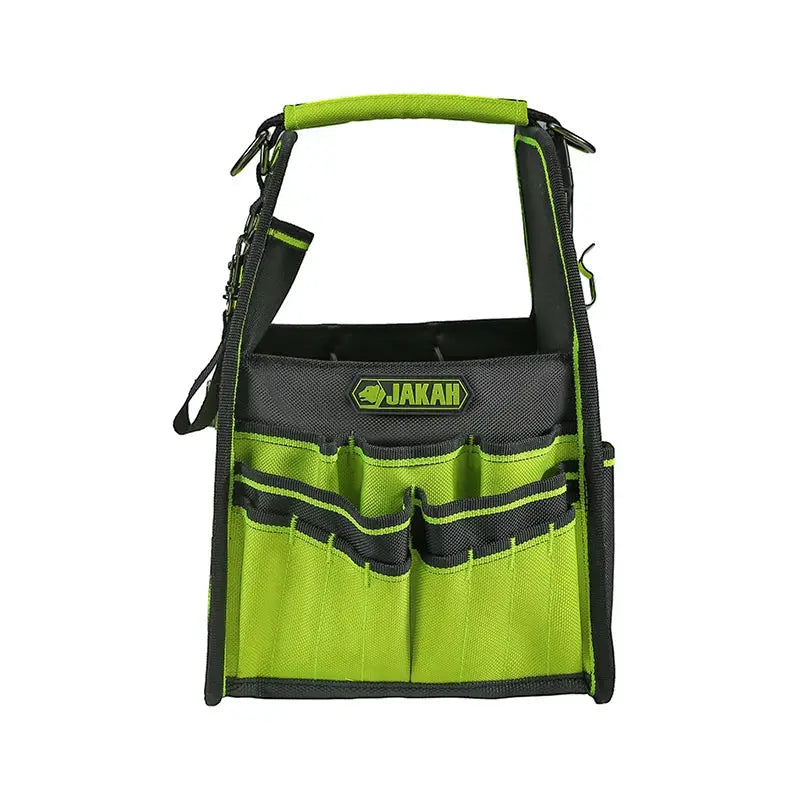 Tool tote with 35 pockets and handle, black and lime green, water-resistant; JAKAH