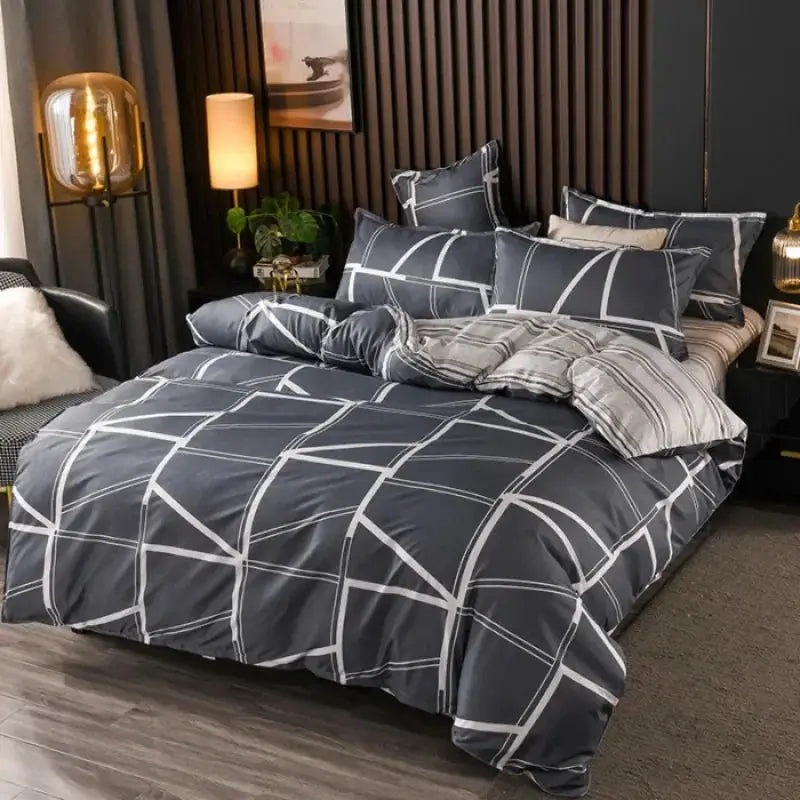 Simples Market aloe vera cotton bedding four-piece set in dark gray with white geometric grid pattern
