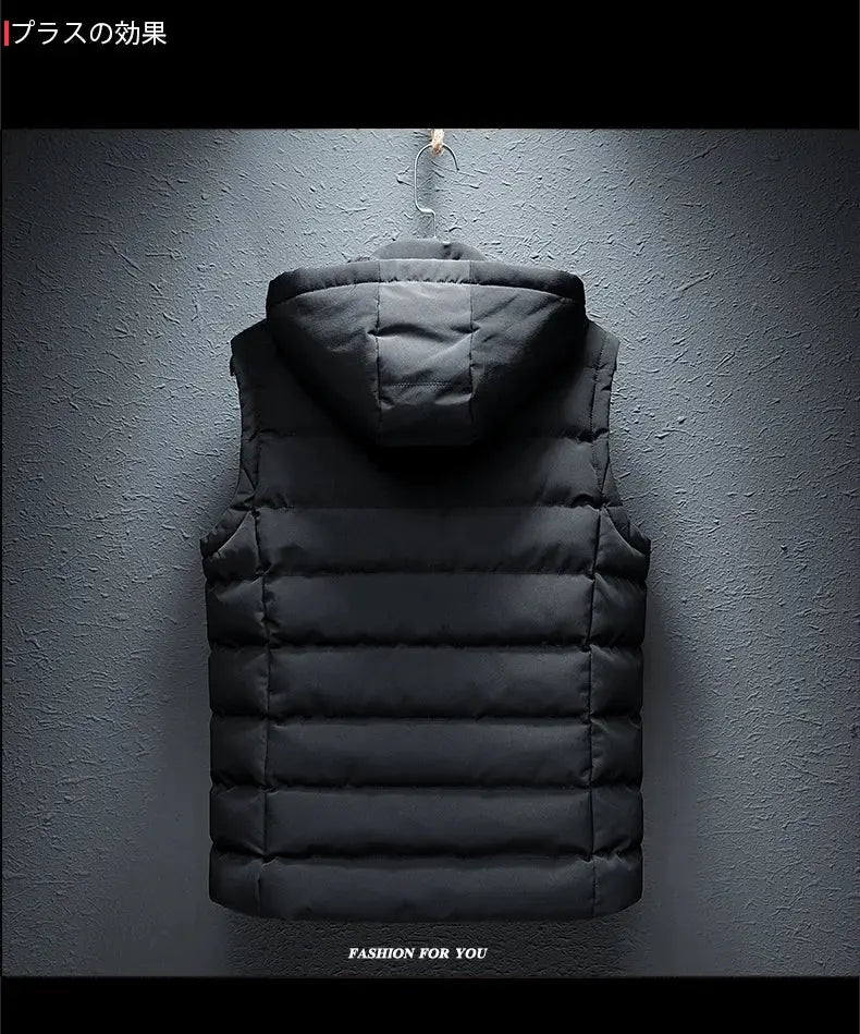 Men's black hooded puffer vest, sleeveless with horizontal quilted panels, back view on hanger