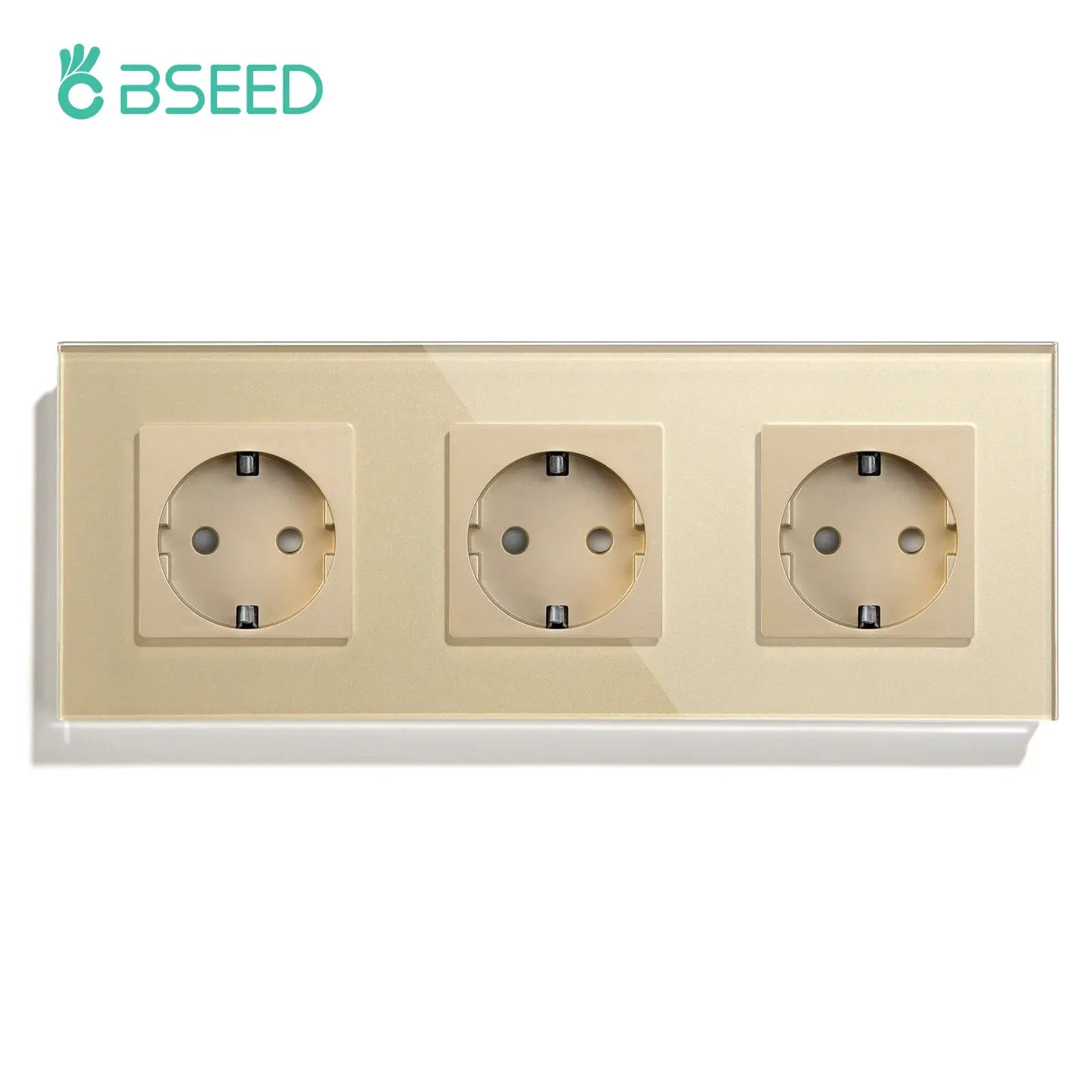 Triple EU wall outlet on beige glass panel with 16A sockets; BSEED by Simples Market