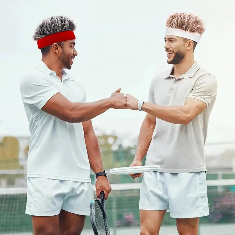Cosplay knitted wig cap, hip-hop style decorative cap; two men wear red and white headbands.