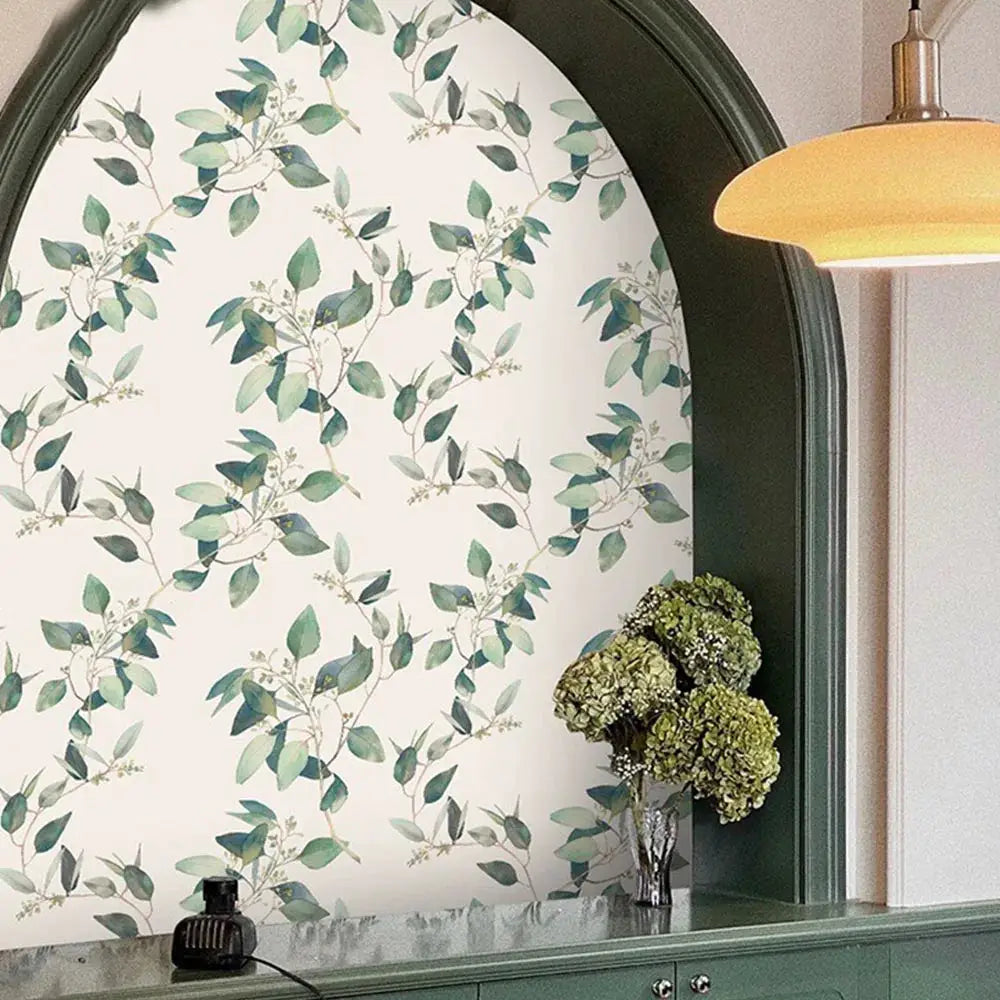 Floral grey peel-and-stick wallpaper roll with green leaf pattern for furniture renovation; waterproof and removable.