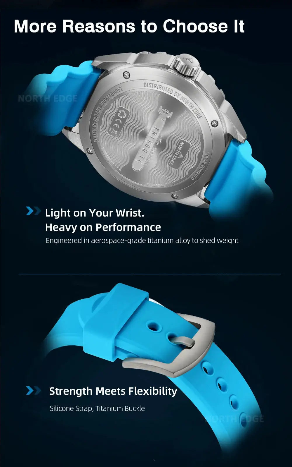 NORTH EDGE Triton-TI diving watch with blue silicone strap, titanium case, solar-powered, 300m water resistant