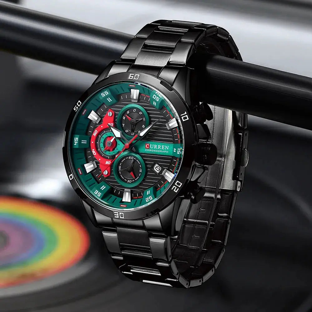 Curren 8402 men's stainless steel watch with green dial, chronograph subdials, black bracelet