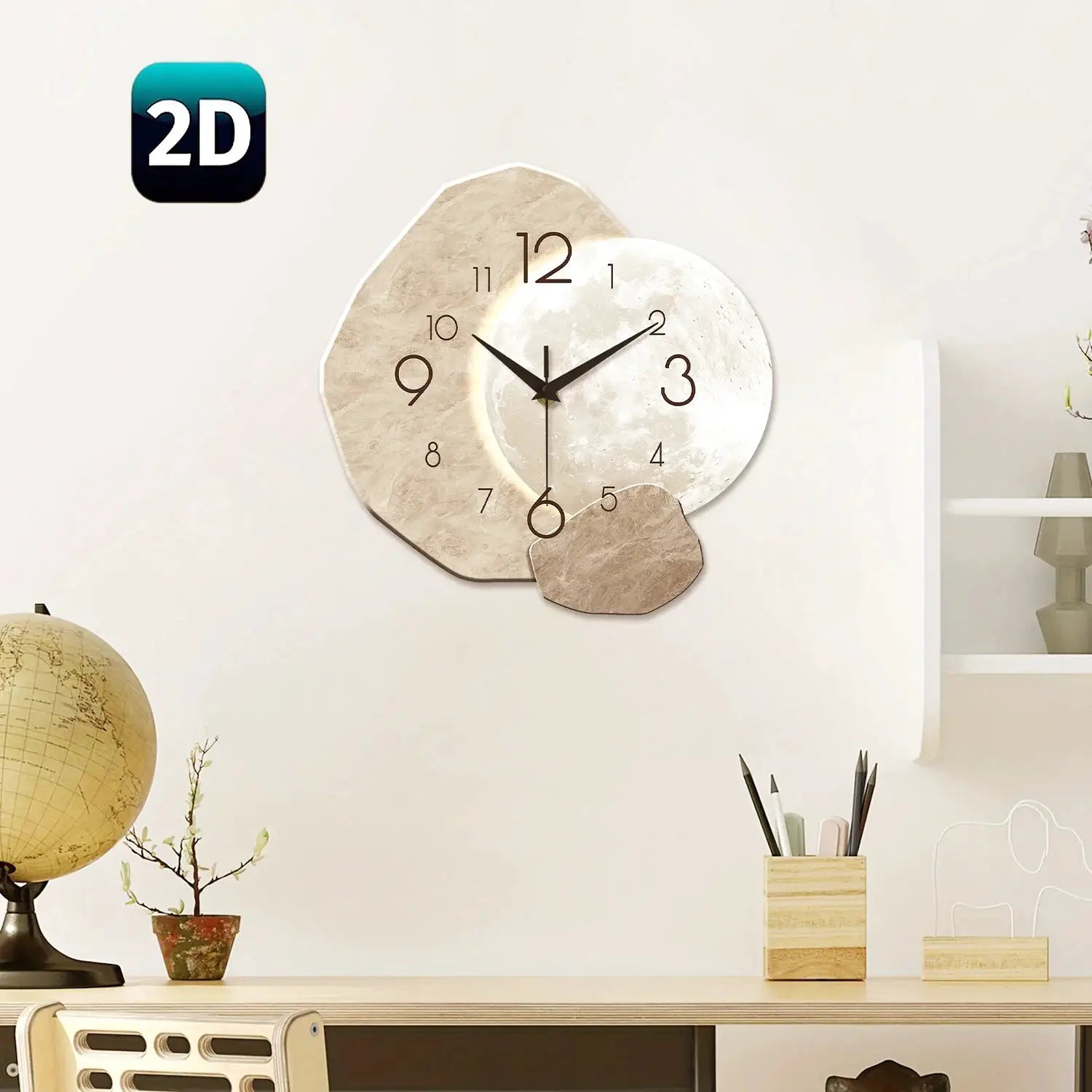 Modern Moon Wall Clock in wood with silent quartz movement by Simples Market; ideal for bedroom, living room or office.