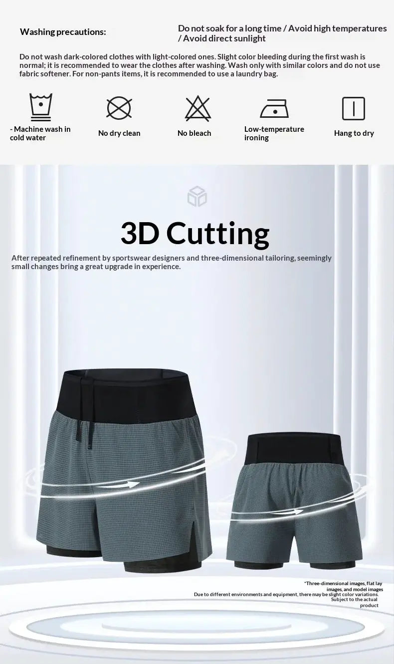 Men's gray double-layer running shorts with black waistband, drawstring, quick-dry breathable fabric; two shorts shown