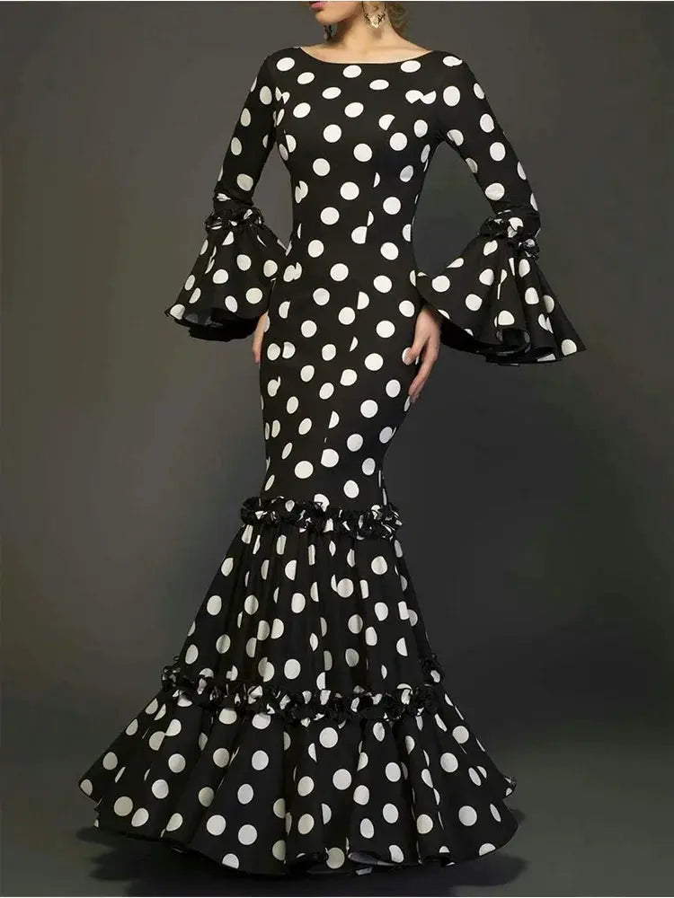 Glamora Polka Dot Fishtail Cotton Blend Evening Dress With Trumpet Sleeves Cascading Ruffle Hem Luxurious Silhouette