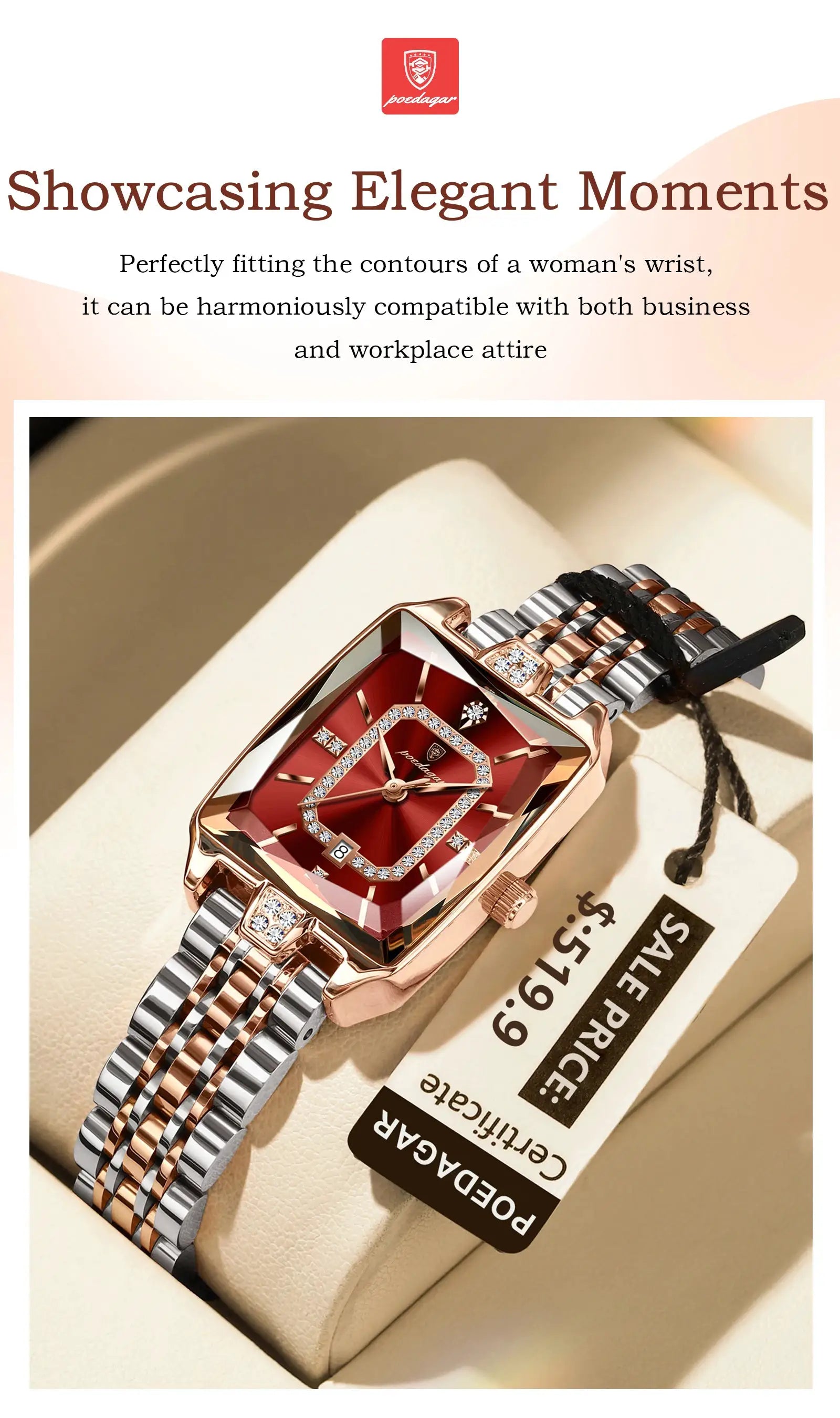 POEDAGAR luxury rectangular women's watch; two-tone stainless steel bracelet, red dial, crystal-studded bezel, calendar date.