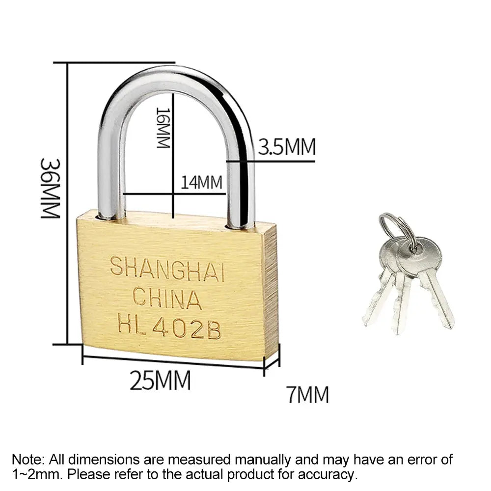Copper padlock with three keys, brass finish, 25mm body for luggage, case or locker