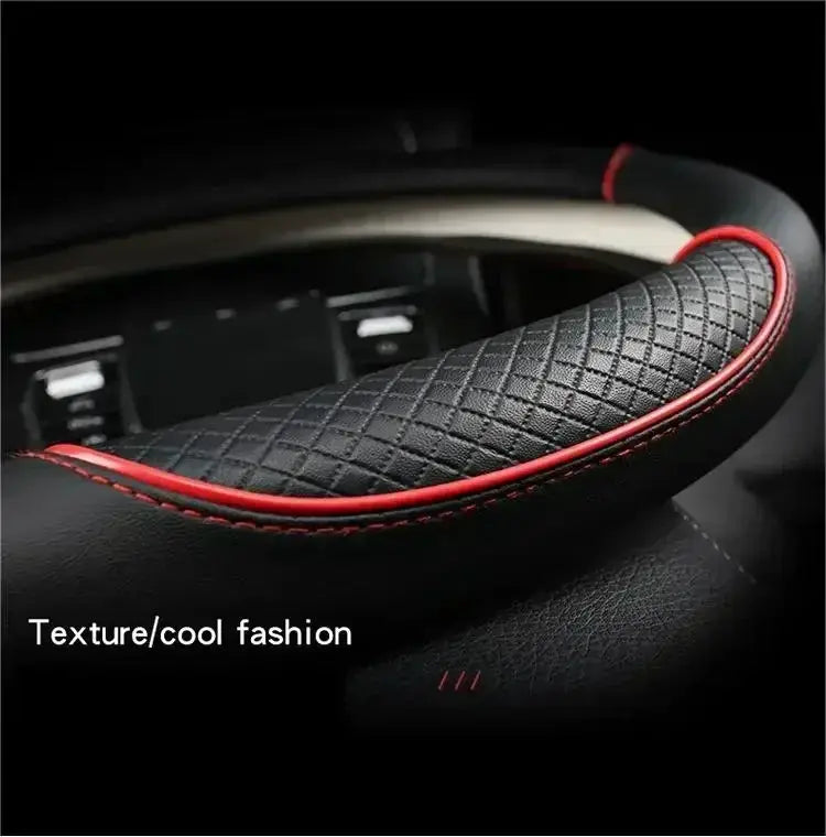 Car steering wheel cover, black quilted microfiber leather with red edge, 38cm, non-slip