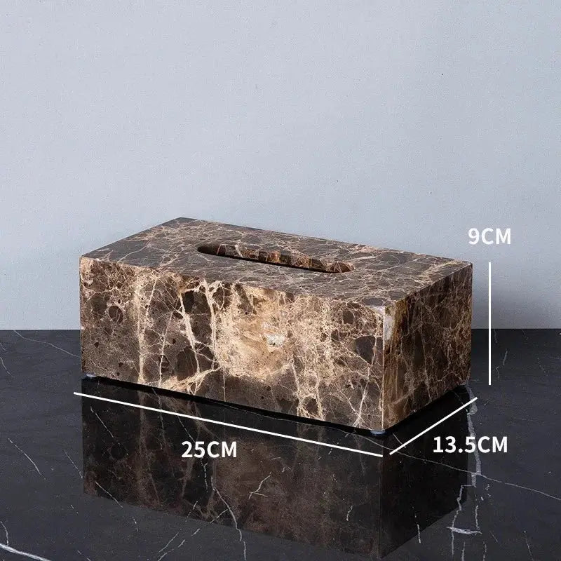 Emperador Dark marble bathroom set; brown natural stone tissue box cover, 25x13.5x9 cm.