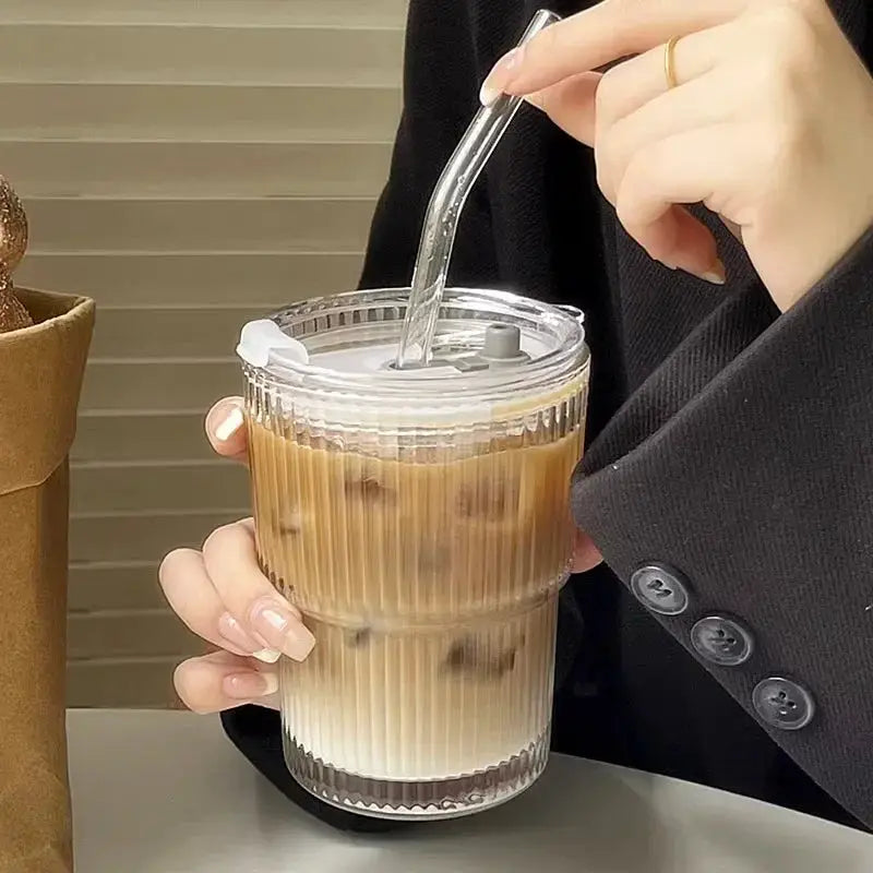 600ml Stripe Glass Cup With Lid And Straw Transparent Drinking Glass