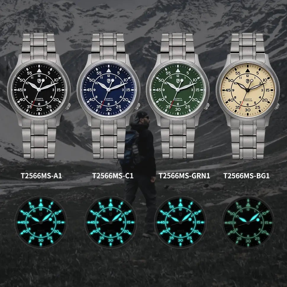 BERNY titanium men’s watches; 4 variants in black blue green beige with AR coating and luminous dials by Simples Market