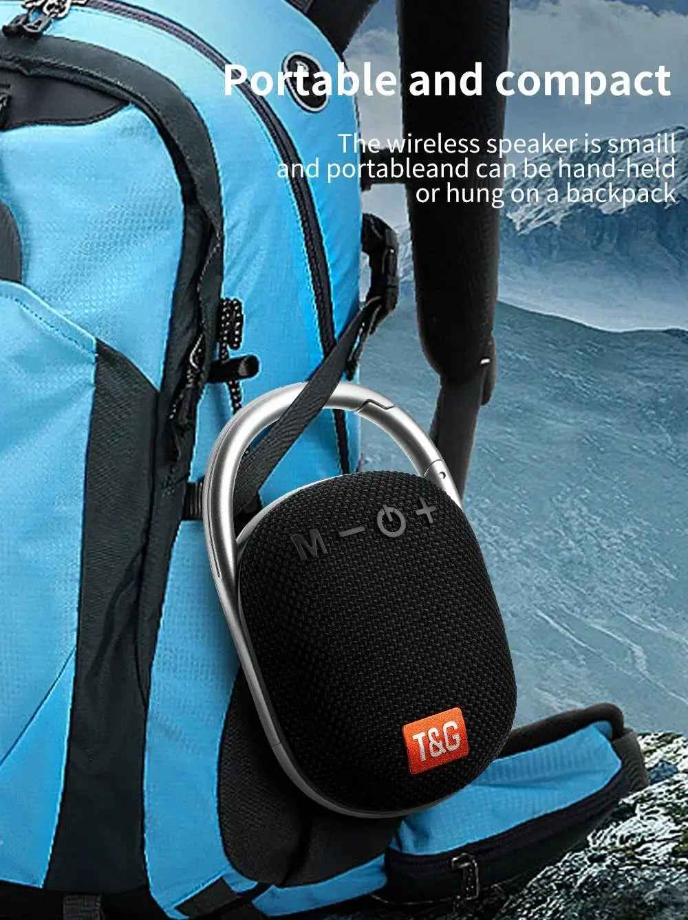 T&G TG321 outdoor portable waterproof Bluetooth speaker with black fabric mesh and silver carabiner hoop
