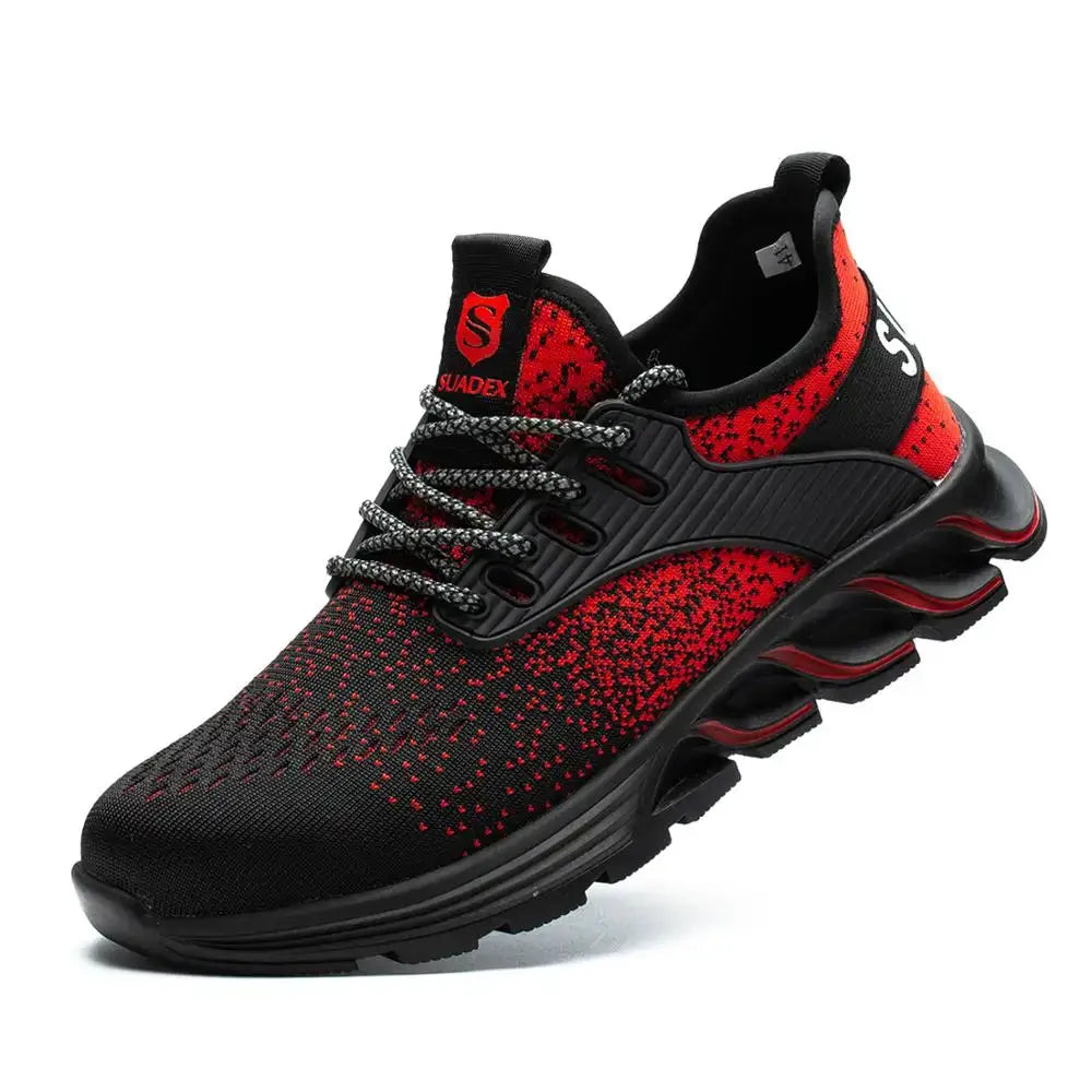 SUADEX safety shoes black and red knit upper with rugged outsole