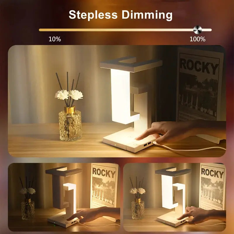 Floating lamp by Simples Market with detachable 10 W wireless charger, white modern desk light