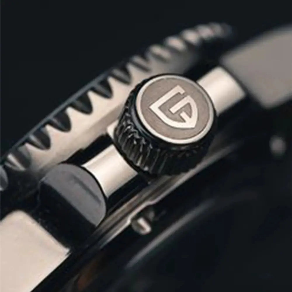 Pagani Design V3 GMT watch crown on silver stainless steel case with logo