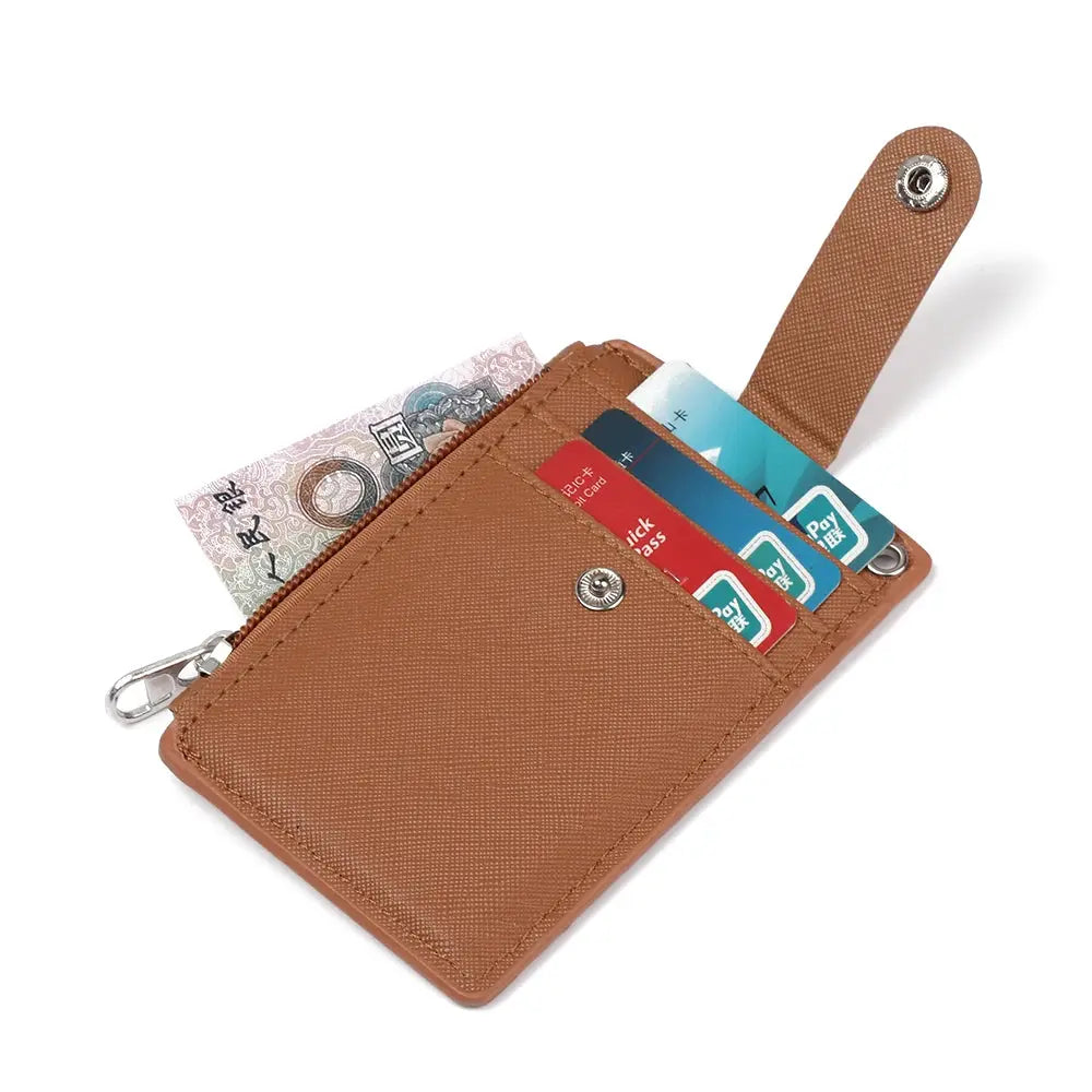 Simples Market PU leather card holder wallet with snap strap and keyring, brown