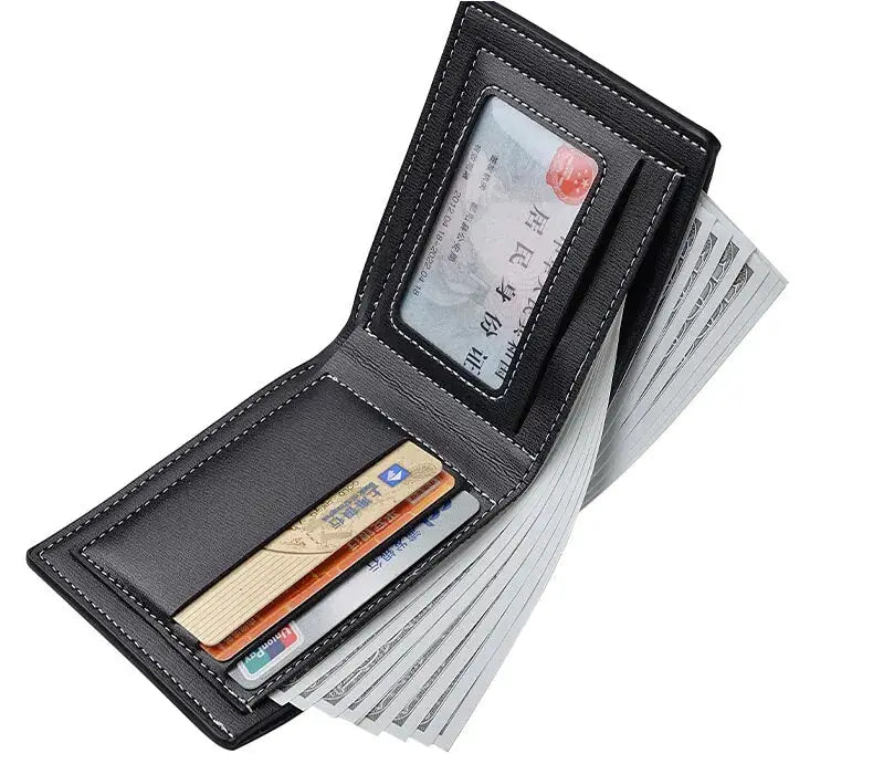 PU leather men's slim folding wallet with card slots and ID window holding cash.