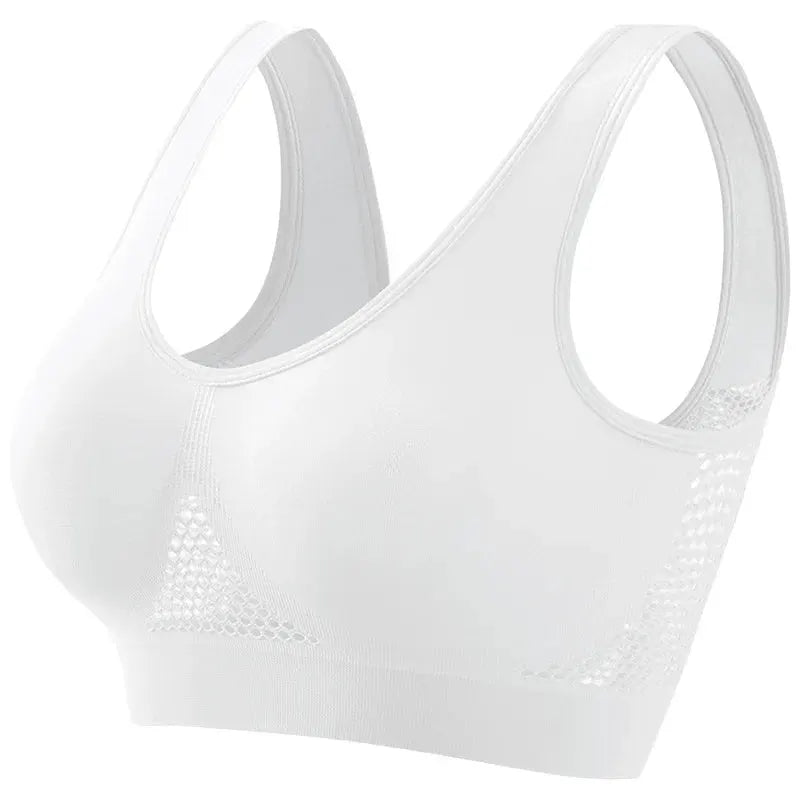 Women's plus-size breathable mesh sports bra, seamless wireless white crop top