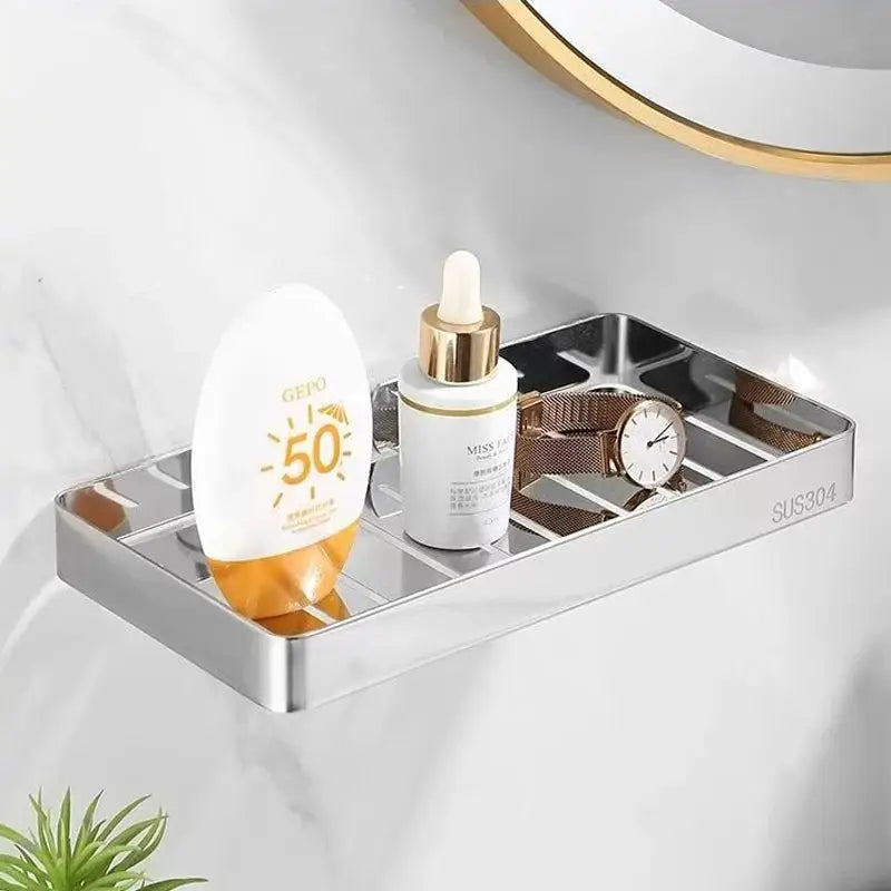 304 stainless steel bathroom shelf organizer wall-mounted with slots for soap, bottle and watch
