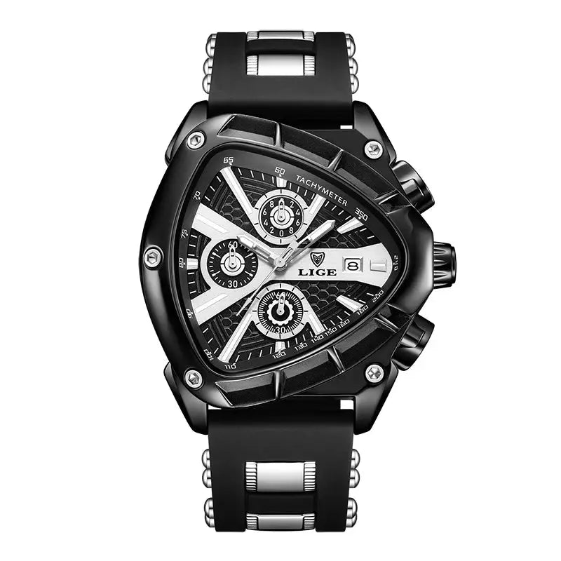 Men's LIGE luxury sport watch with black dial, stainless steel case, tachymeter, and black strap