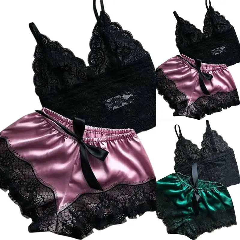 LaceLuxe Womens Lace Sleepwear Set Delicate Lace Top With Satin Shorts Babydoll Nightwear Comfort