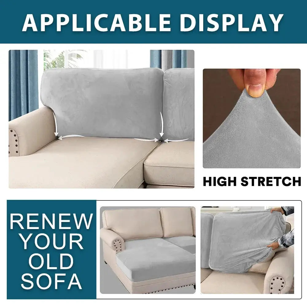 Velvet sofa cushion covers by Simples Market in light gray; high-stretch couch slipcovers.