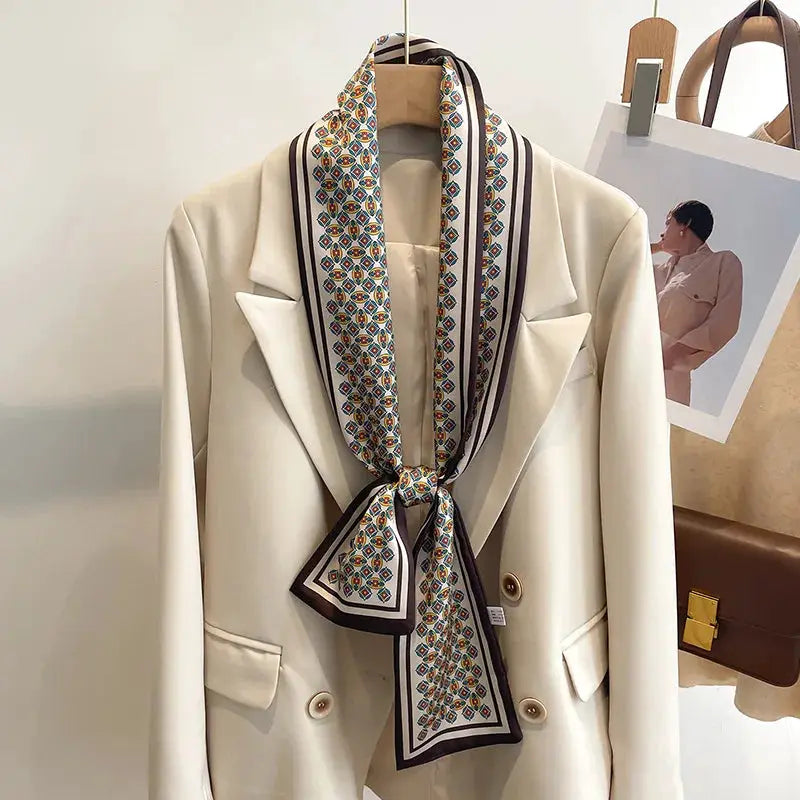 LuxeSilk Silk Feel Printed Design Scarf Versatile Long Narrow Silk Shawl For Fashionable Styles