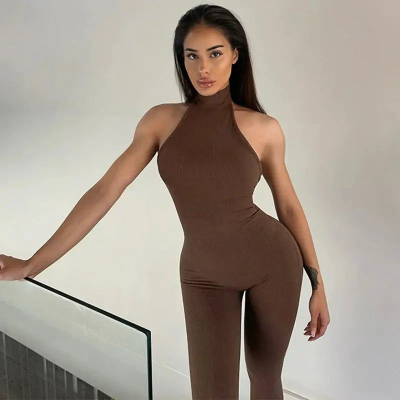Hugcitar ribbed halter backless brown jumpsuit for women, bodycon fit