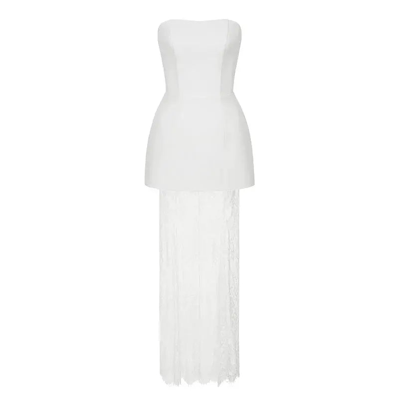 Strapless Lace Dress Set Two Piece Banquet Outfit Backless Elegant High Waist Long Splice Skirt