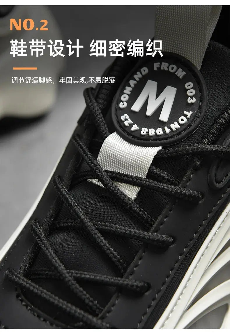 Men's black lace-up sneakers with logo on tongue, close-up view