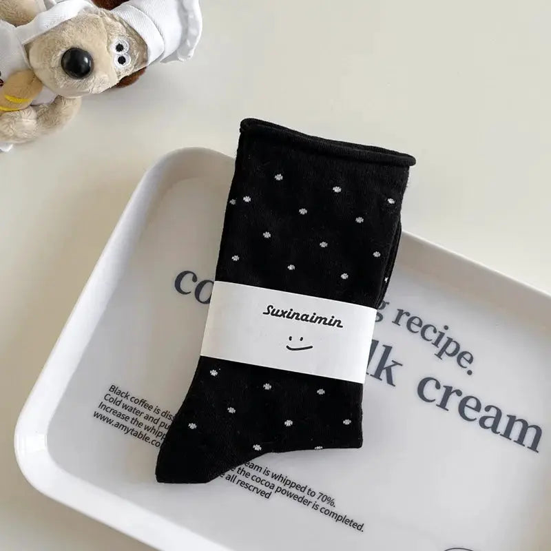 Vintage Cream Curled Edge Polka Dot Mid Tube Socks for Women Spring Summer Artistic Socks